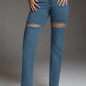 Bebe "THE BLING" Slit Jean Blue Denim Rhinestone Stretch 25" W x 31" Inseam NWT